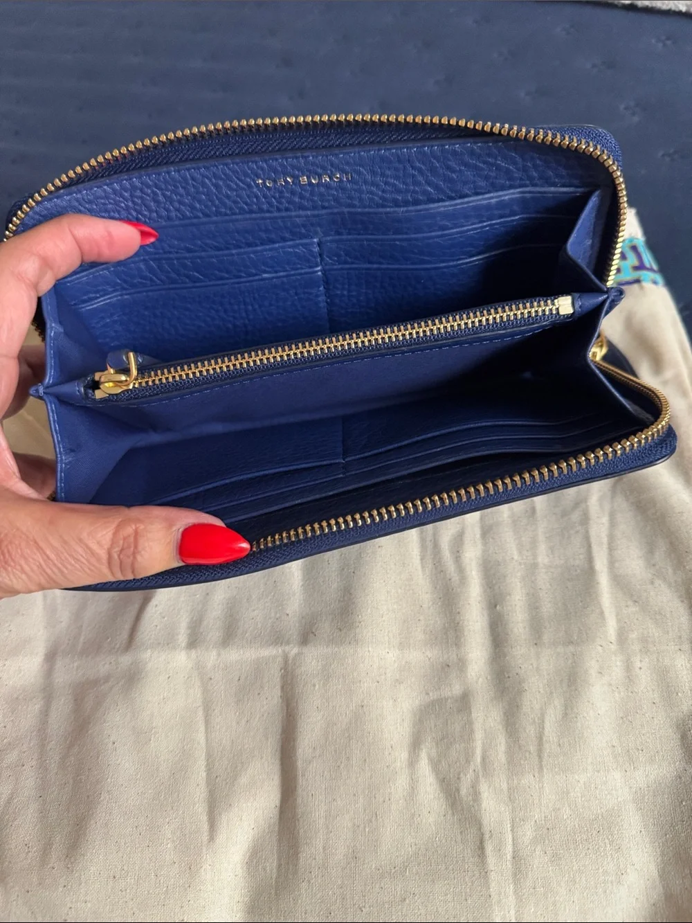 Tory Burch Deep Blue Zip-Around Leather Wallet